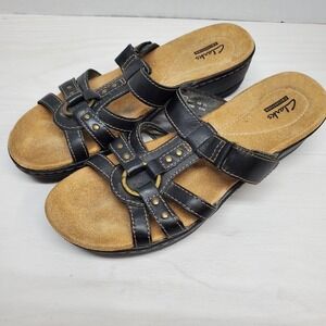 CLARKS Collection Womens Size 7 Slip On Sandals Slides Black Leather‎ Fast Ship